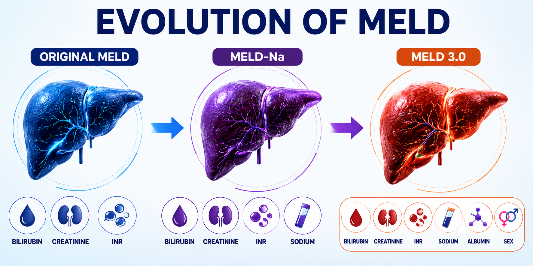 Timeline showing the evolution of the MELD score from 2002 to MELD 3.0 in 2023